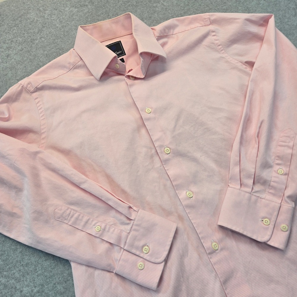 David Donahue Mens Pink Micro Houndstooth Trim Fit Dress Shirt 16 32/33 Cotton